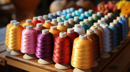 Colorful Spools of Thread Arranged on a Wooden Tray