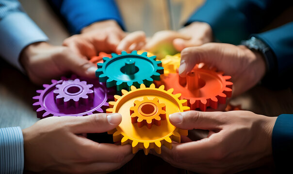 Business People holding Gears and Teamwork Concept, Business team connect pieces of gears. Teamwork, partnership and integration concept, ai generated photo