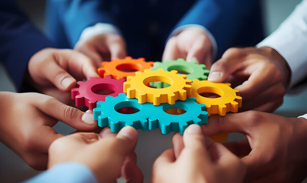 Business People holding Gears and Teamwork Concept, Business team connect pieces of gears. Teamwork, partnership and integration concept, ai generated photo