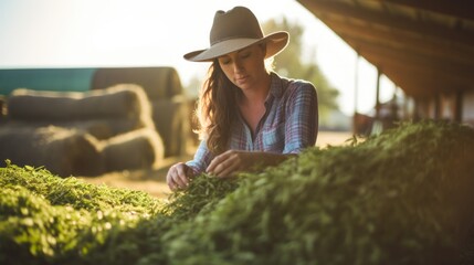 Alfalfa fodder consumption while doing agricultural tasks depicts female ranch labor.