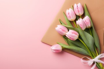 A Beautiful Bouquet of Pink Tulips Resting on a Rustic Brown Envelope