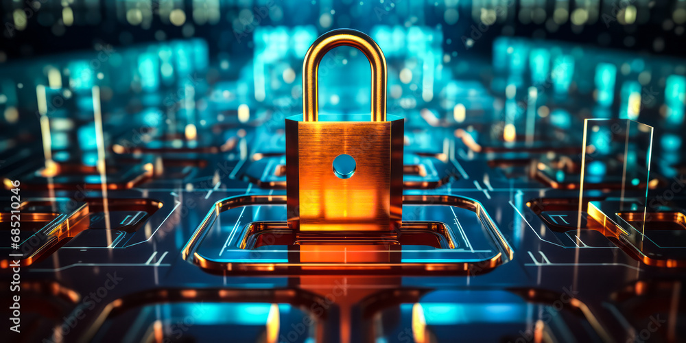 Poster digital lock with floating data blocks in a virtual reality space, representing online security, enc