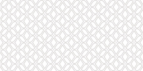 Naklejka premium Seamless pattern design, abstract geometric shapes, beige and white arabesque background. Subtle luxury oriental texture with linear curved lattice. Vector repeat ornament for decor, print, wallpaper