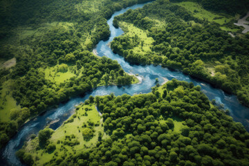 A Bird's Eye View of a Twisting River Amidst Thick Foliage