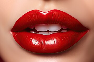 Obraz premium Passionate pout. Detailed close up of attractive lips enhanced with vibrant red lipstick achieving luxurious and glamorous appearance
