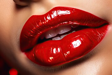 Obraz premium Passionate pout. Detailed close up of attractive lips enhanced with vibrant red lipstick achieving luxurious and glamorous appearance