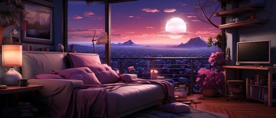 Bedroom In The Light Of The Moon. Generative AI	
