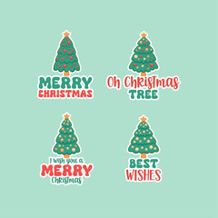 Cute Christmas trees badges, stickers set with quotes. Merry Christmas, Oh Christmas tree, I wish you a merry Christmas, Best wishes.



