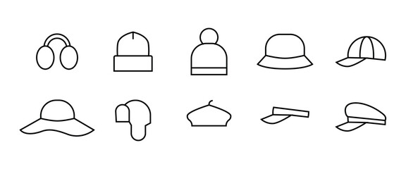 Hats icons set - beanie, baseball cap, sun vizor, beret, cowboy, bucket, summer panama line icons set, editable stroke isolated on white, linear vector outline illustration, symbol