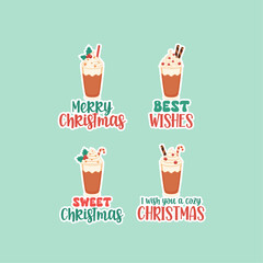 Christmas coffee cocktails badges, stickers set with quotes. Merry Christmas, Best wishes, Sweet Christmas, I wish you a merry Christmas.

