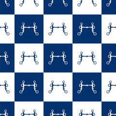 Seamless blue and white square grid pattern with horse bits