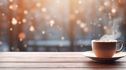 Cup of coffee on wooden table ,snowfall background.