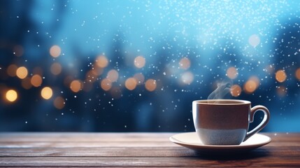 Cup of coffee on wooden table, snowfall background.