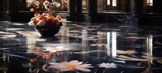 Dark-hued marble floor adorned with floral-inspired motifs and a reflective surface