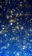 Vertical illustration of golden glitter particles - particles of rain with defocused bokeh on blue background. Abstract background. - Christmas and vacation concept.