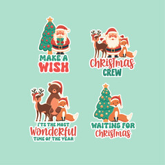 Christmas reindeer, fox, bear and Santa badges, stickers set with quotes. Make a wish, Christmas crew, It's the most wonderful time of the year, Waiting for Christmas,