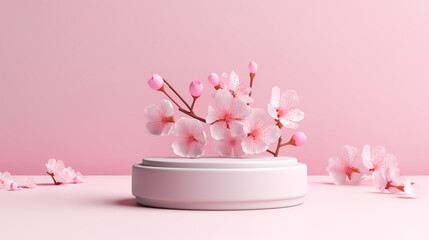 3d render of minimal product display podium with cherry blossom background.