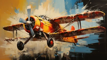 Photo sur Plexiglas Ancien avion Painting of biplane air battle showing the texture of thick oil paint strokes on the rustic canvas