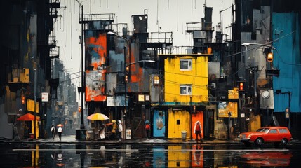 Painting of cyberpunk city streetsshowing the texture of thick oil paint strokes on the rustic...