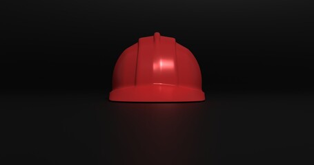 red safety helmet or hard cap isolated on black background. 3d render and illustration of headgear and handyman tools