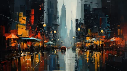 Fotobehang Painting of cyberpunk city streetsshowing the texture of thick oil paint strokes on the rustic canvas, vibrant colors © Photo And Art Panda
