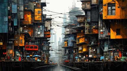 Painting of cyberpunk city streetsshowing the texture of thick oil paint strokes on the rustic...