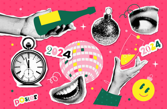 Vintage Christmas and New year halftone collage stickers and elements set. Torn out of magazine shapes, champagne bottle, xmas tree bauble, female hands, eye, smiling mouth, clock. Vector illustration