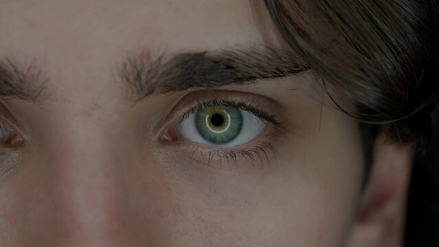 Eye of a young man macro shot. A man blinks moistening his eyeball. Dry eye syndrome. Health concept.