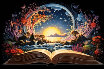 the opening of a book shows a colorful rainbow and dark night sky, in the style of vibrant fantasy 