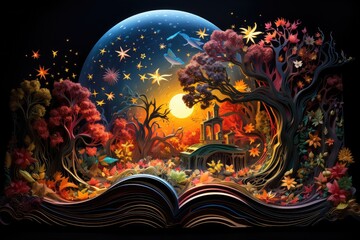 Obraz na płótnie Canvas the opening of a book shows a colorful rainbow and dark night sky, in the style of vibrant fantasy 