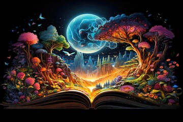 the opening of a book shows a colorful rainbow and dark night sky