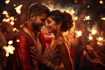 woman and man together holding sparklers at indian wedding in diwali photo