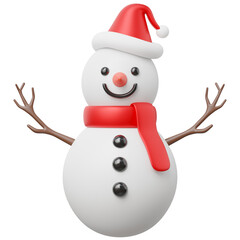 3d Snowman wearing a red muffler and santa hat floating isolated on transparent. Element of Merry Christmas and New year concept. Cartoon icon minimal smooth. 3d rendering illustration.