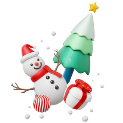 3d Christmas tree with snowman, gift box, star, ball. Element of Merry Christmas and New year concept. Special promotion of marketing. Holiday icon cartoon minimal smooth. 3d rendering illustration.