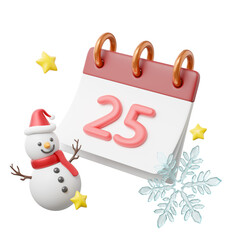 Christmas day icon. Calendar date 25 with snowman, snowflakes, star, floating isolated on transparent. Scheduled holiday plan. Element of Merry Christmas. Cartoon icon minimal smooth. 3d rendering.