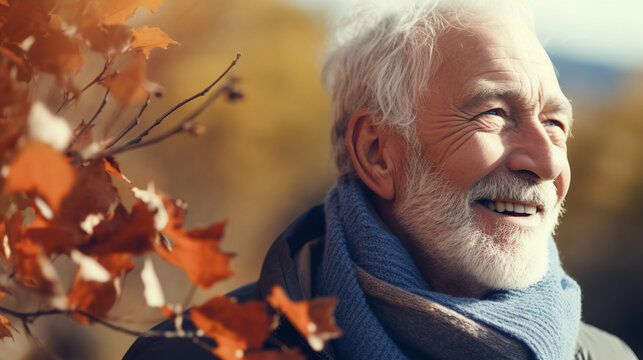 Elderly Man Enjoying Golden Autumn Day Smiling Senior with White Hair and Blue Scarf Outdoors