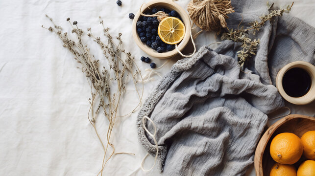 Cozy Lifestyle Scene with Fresh Citrus Fruits Blueberries Grey Textile and Dried Flowers on Natural Linen Background