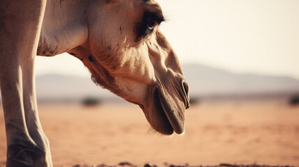Close Up of Camel Face in Desert Environment with Warm Golden Light - obrazy, fototapety, plakaty