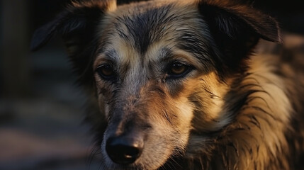 Close Up Portrait of a Thoughtful Dog with Warm Golden Light