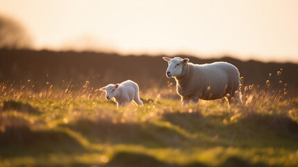Mother Sheep and Lamb Grazing in Golden Hour Sunshine on Pastoral Farmland - obrazy, fototapety, plakaty