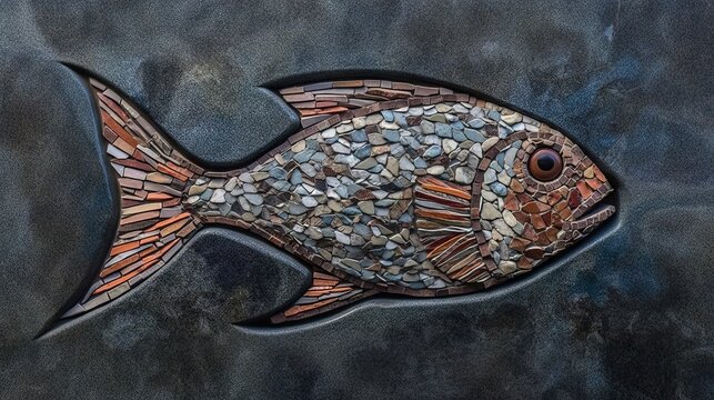 Fish made in mosaic with different colored stone pieces.