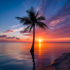 a calm coastal sunrise with a lone palm tree silhouetted on the horizon