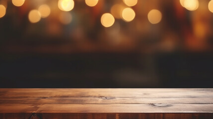 Empty Wooden Table Top with Blurry Warm Lights in the Background Perfect for Product Display Montage - obrazy, fototapety, plakaty