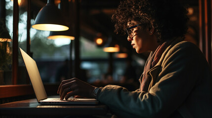 Focused Young Adult Working on Laptop in Cozy Cafe Environment with Warm Ambient Lighting