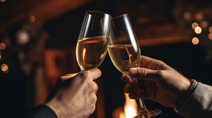 Celebratory Champagne Toast Closeup with Elegant Glasses and Warm Fireplace Ambiance in Background