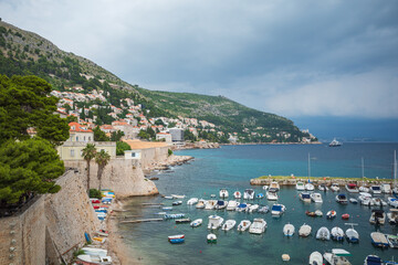View to the harbor of Dubrovnik Old Town on sunny summer day