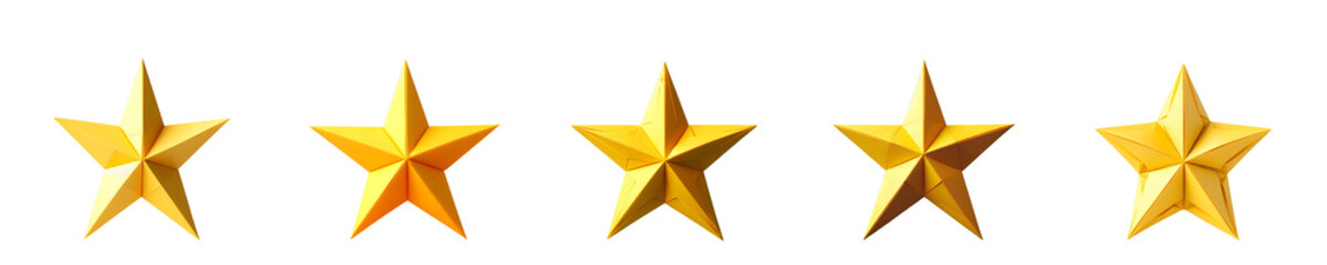 Obraz premium Set of Five Origami Style Yellow Golden Star Icons, Transparent Background, Assorted Styles