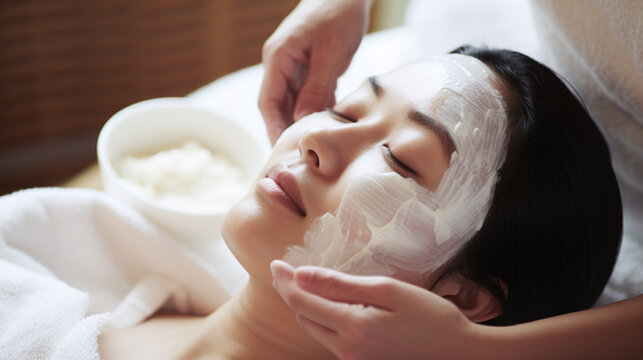 Relaxing Facial Treatment at Spa Asian Woman Enjoying Skincare Routine Beauty Rituals with Natural Ingredients