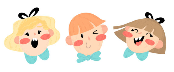 Three vector portraits of surprised, winking and laughing children. Illustrations of girls and boy with different emotions