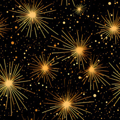 Fototapeta premium Fireworks Seamless Pattern - New Year Black and gold glitter pattern - Golden glitter fireworks illustration